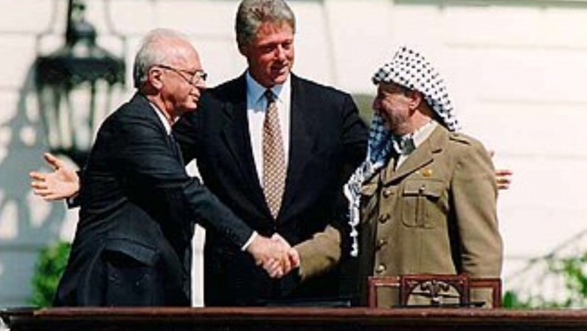 Yitzhak Rabin, Bill Clinton, and Yasser Arafat during the Oslo Accords on 13 September 1993